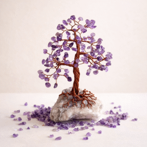 Copac handmade cristal Ametist 14cm, cu fir de cupru si piatra naturala