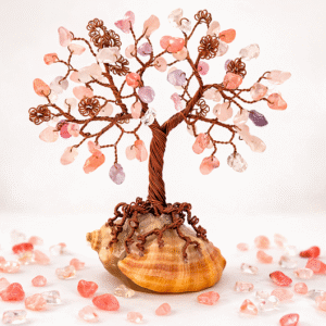 Copacel decorativ din Cristale de Cuart roz/cherry pe melc de mare, cadou deosebit